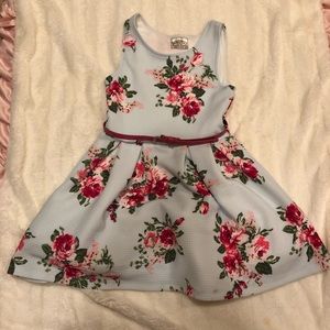 Beautiful belted pale blue dress with pink flowers